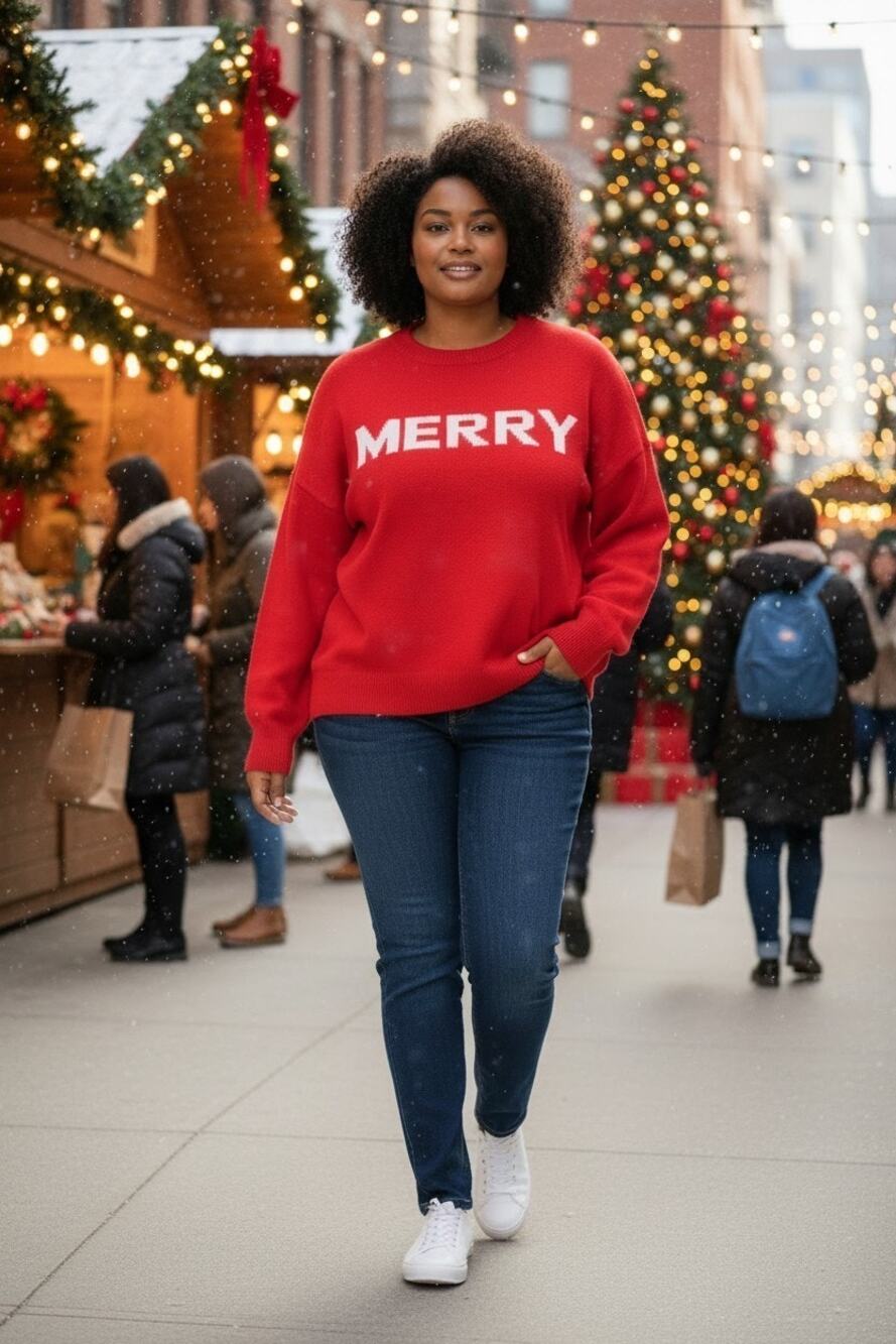 Vince Camuto Women’s Holiday Sweater Red MERRY Crewneck Size: XL